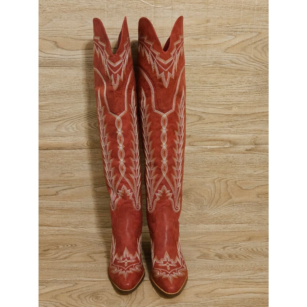 Western Cowboy Pointed Toe Block Heel Embroidery Over Knee Boots Womens Size 7.5 - Picture 5 of 9